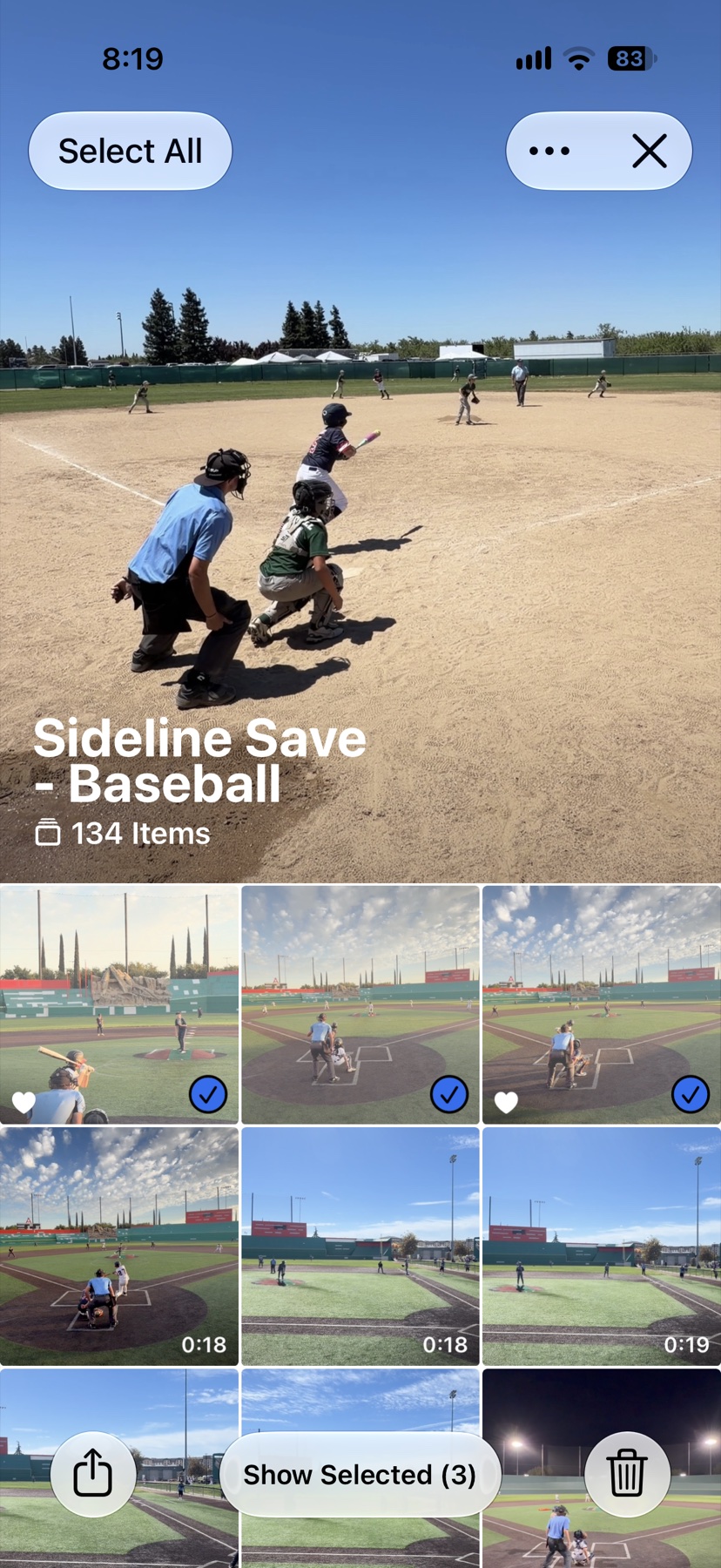 Photos showing the Sideline Save – Baseball album and its saved game clips