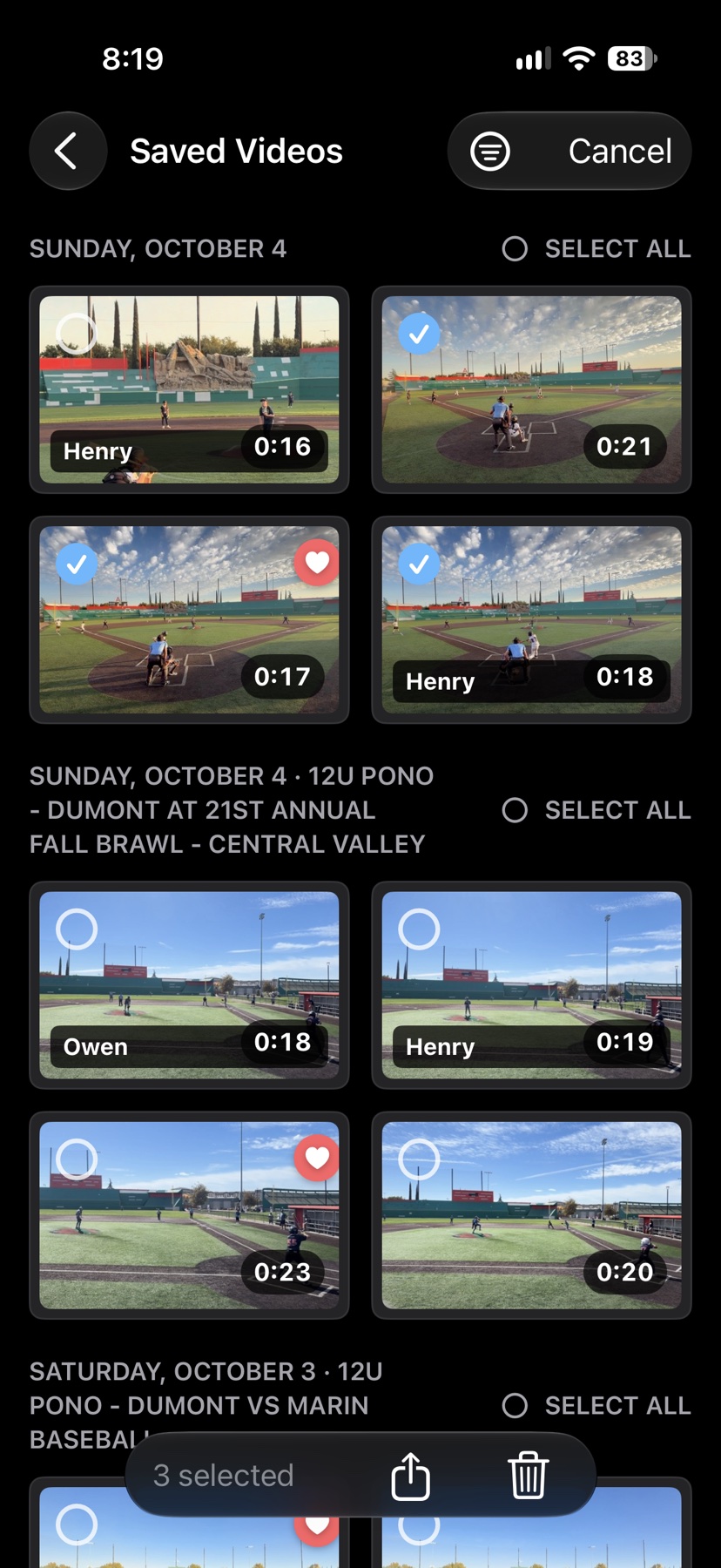 Sideline Save Saved Videos in multi-select mode with three clips selected and the share button in the bottom toolbar