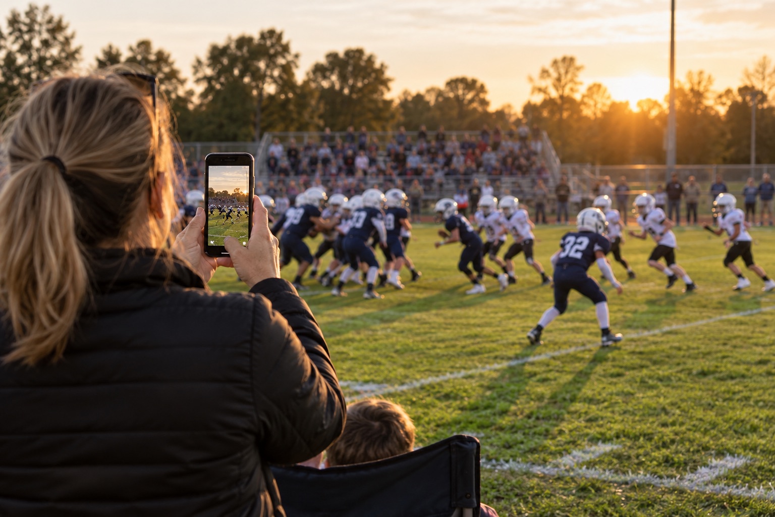 A parent recording a youth football play from the sideline on an iPhone