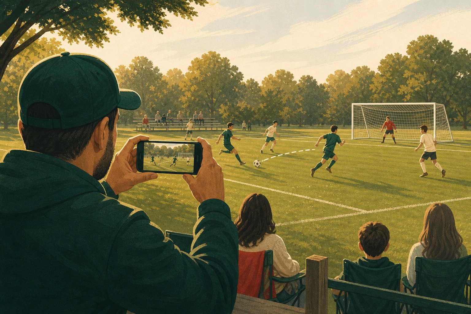 Illustration of a parent recording an attacking soccer play from the touchline