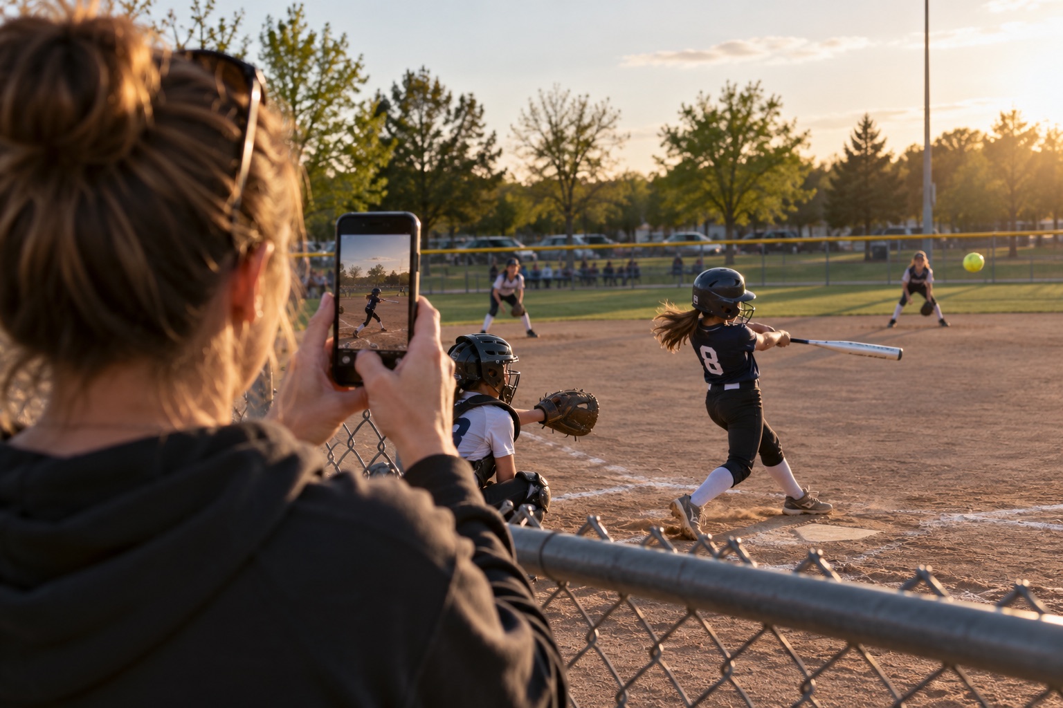 Parent recording a youth softball game from behind a chain-link fence