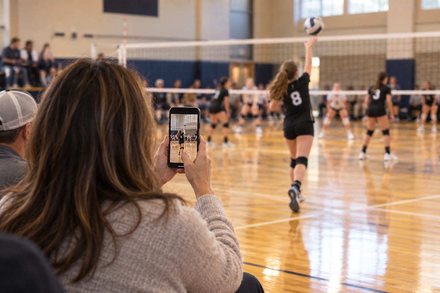 A parent recording a youth volleyball rally from the sideline of an indoor court
