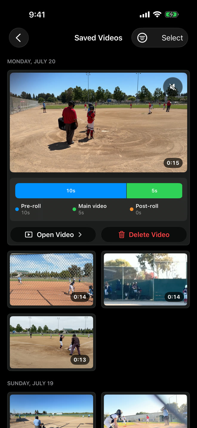 Sideline Save's Saved Videos list grouped by day and sport